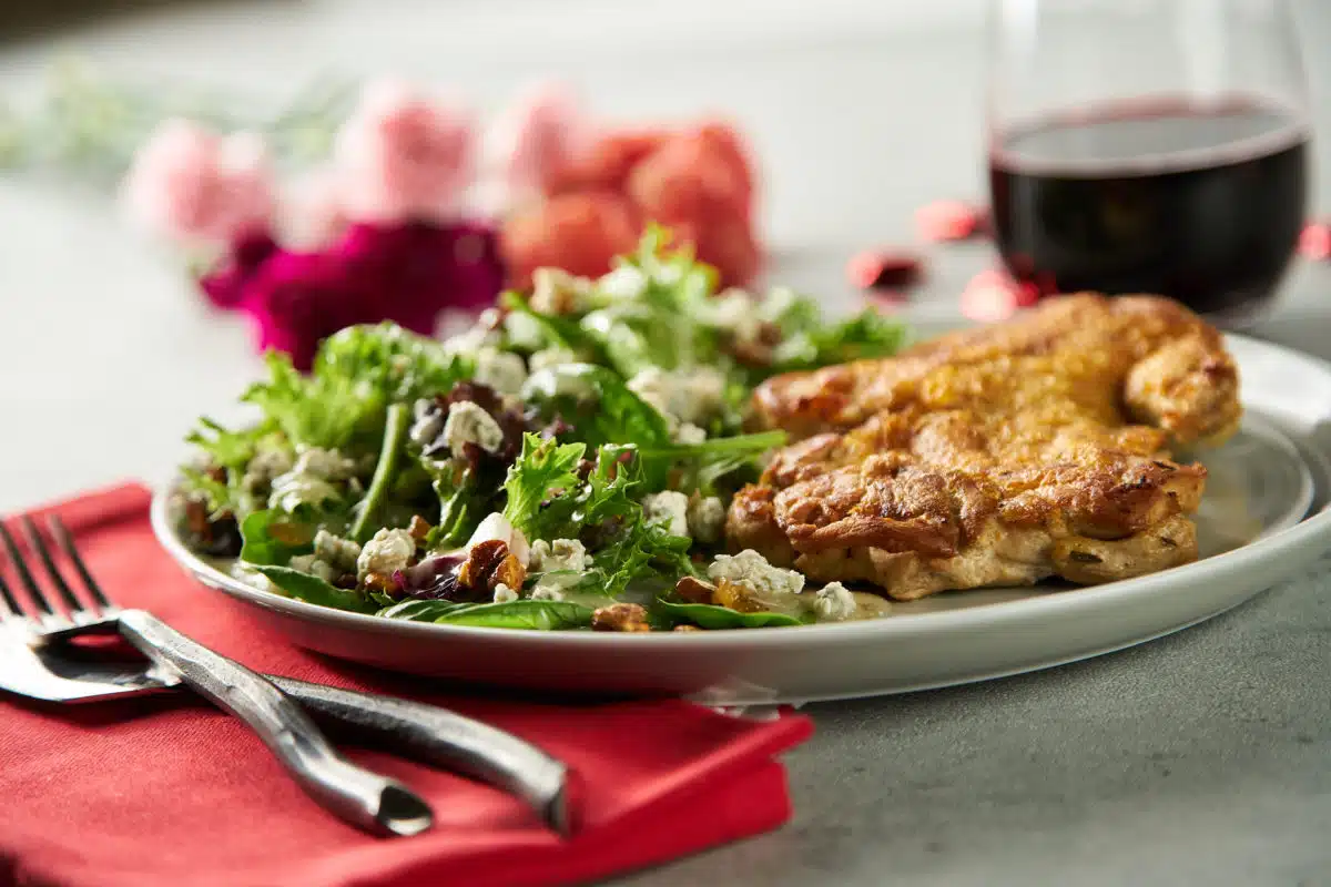 Valentine’s Day Brick Chicken with French Blue Cheese Salad