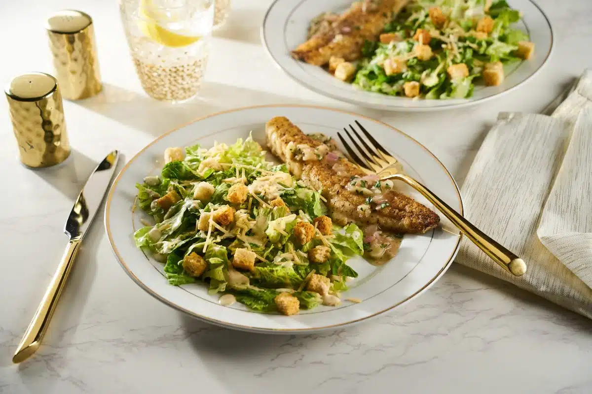 Creamy Truffle Caesar Salad with Branzino