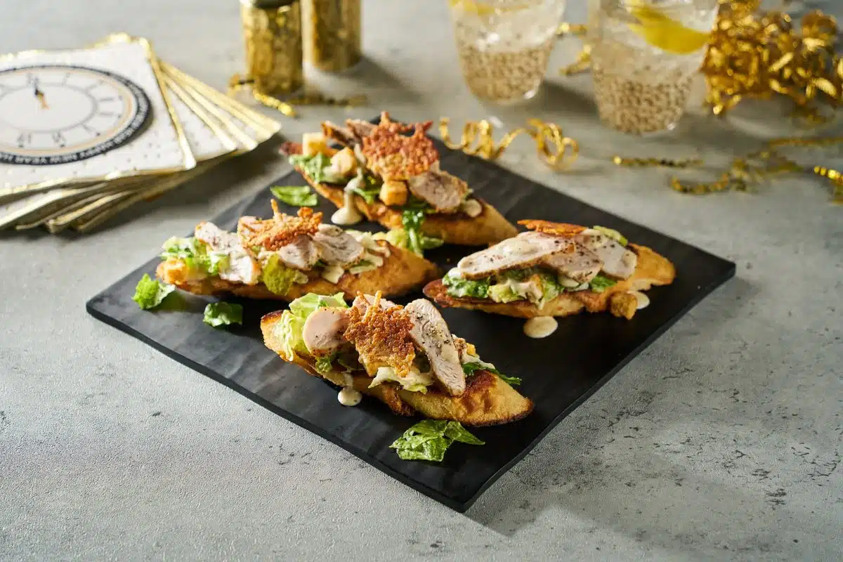 New Year’s Creamy Truffle Caesar Chicken Crostini