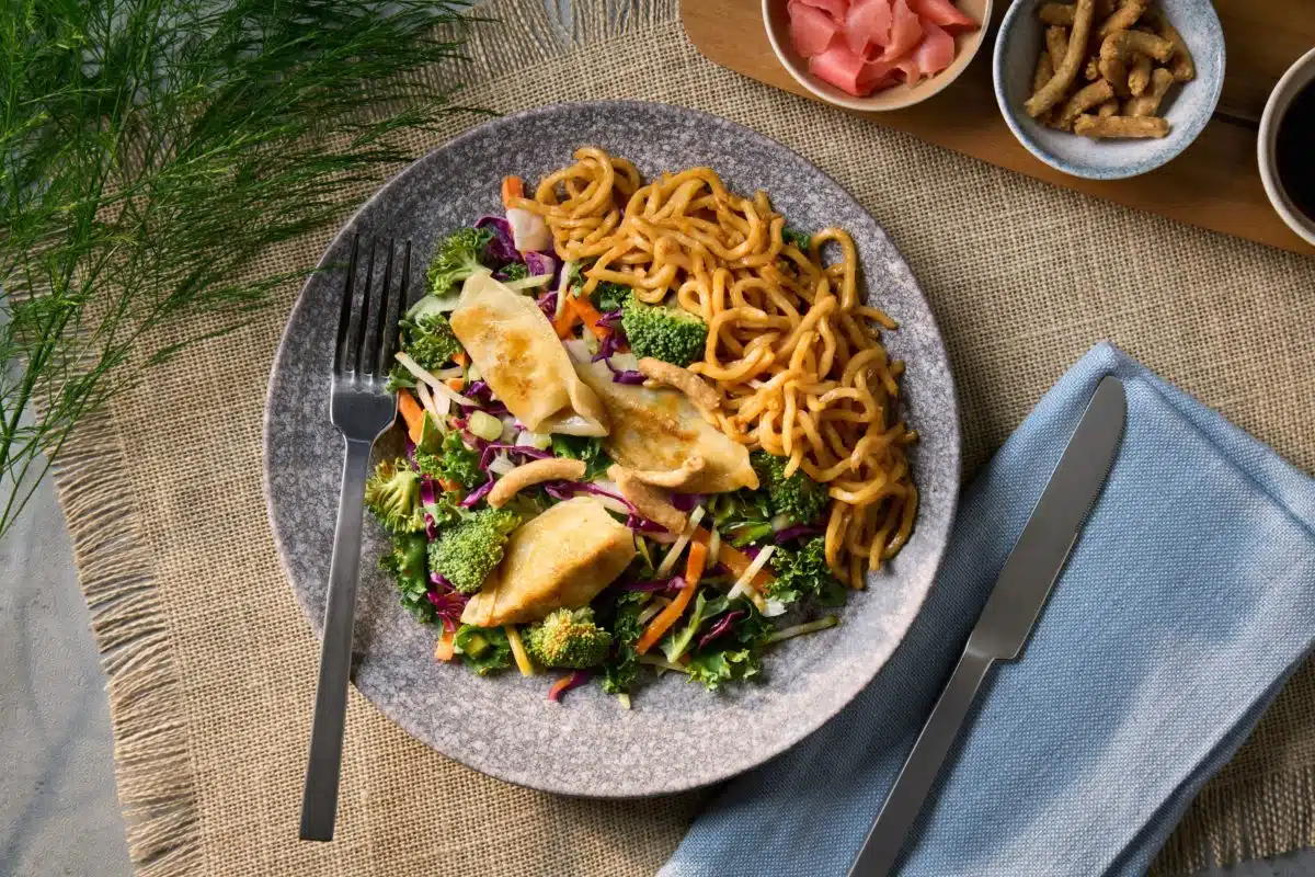 Vegetable Dumplings with Korean Sesame Noodle Salad